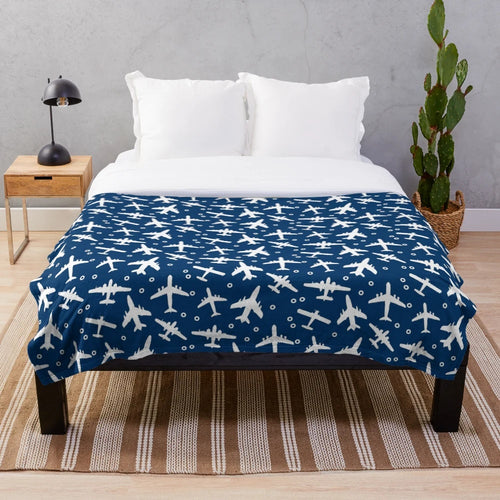 Blue and white aeroplane silhouette pattern plush blanket