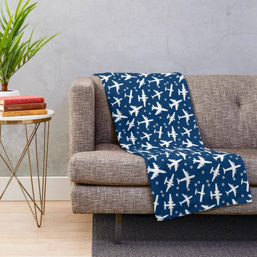 Blue and white aeroplane silhouette pattern plush blanket