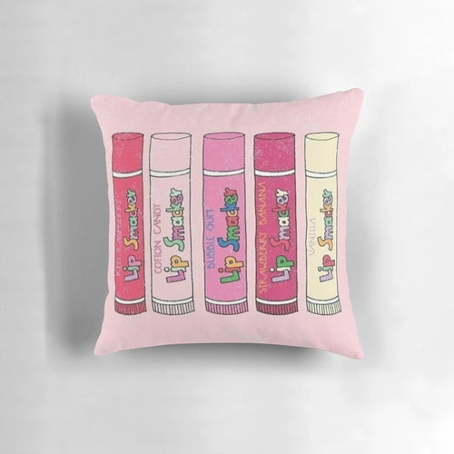 Aesthetic pink lip balm Pillow with Smackers branding and 2000s girl vibes
