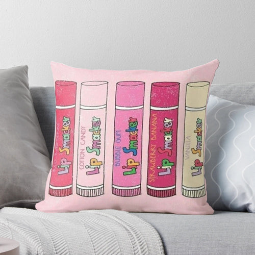 Aesthetic pink lip balm Pillow with Smackers branding and 2000s girl vibes