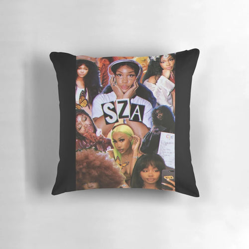 A collage of SZA, the R&B singer, printed on a soft, cozy pillow.
