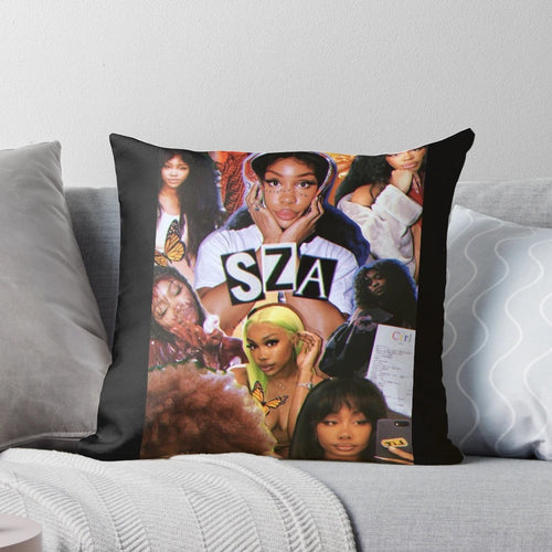 A collage of SZA, the R&B singer, printed on a soft, cozy pillow.