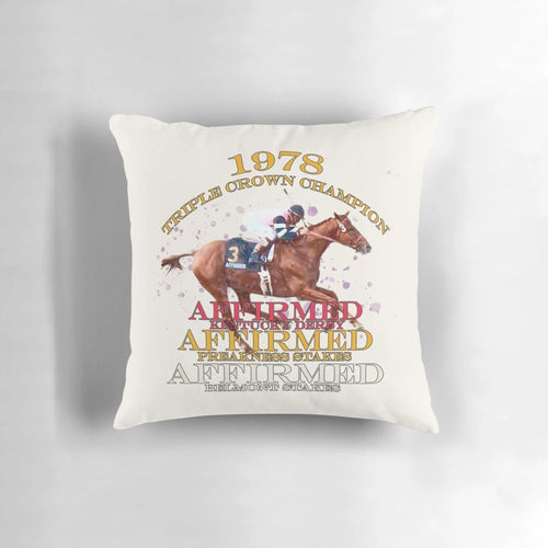 Pillow featuring the 1978 Triple Crown champion Affirmed, a legendary racehorse