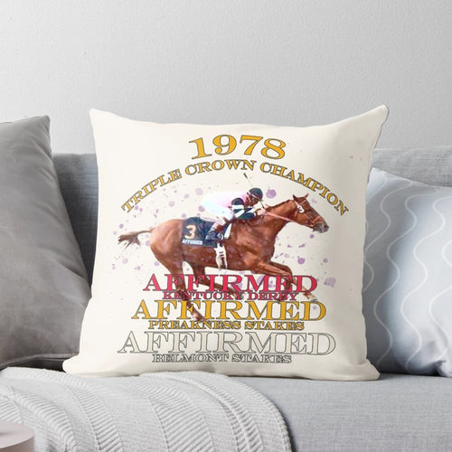 Pillow featuring the 1978 Triple Crown champion Affirmed, a legendary racehorse