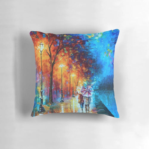 A vibrant, nature-inspired pillow featuring a Leonid Afremov-style oil painting of a lakeside city scene at night.