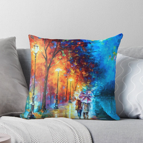 A vibrant, nature-inspired pillow featuring a Leonid Afremov-style oil painting of a lakeside city scene at night.