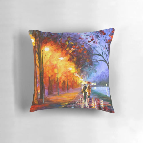 Vibrant oil painting pillow featuring a scenic, impressionist landscape by artist Leonid Afremov, with a foggy forest and pink autumn trees.