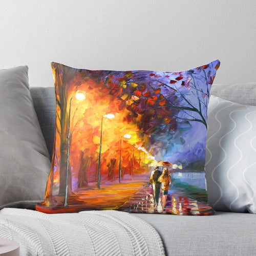 Vibrant oil painting pillow featuring a scenic, impressionist landscape by artist Leonid Afremov, with a foggy forest and pink autumn trees.
