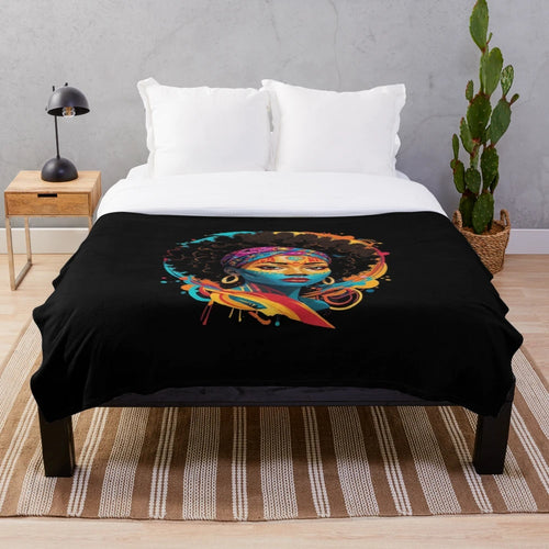 Afro Fusion Art Inspired Plush Blanket featuring ethnic patterns and natural hair design