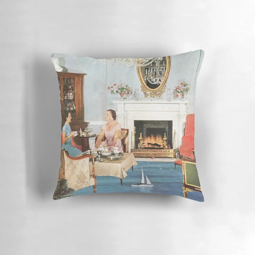 Afternoon tea-themed pillow with a retro, mid-century design perfect for coastal living and beach house decor.