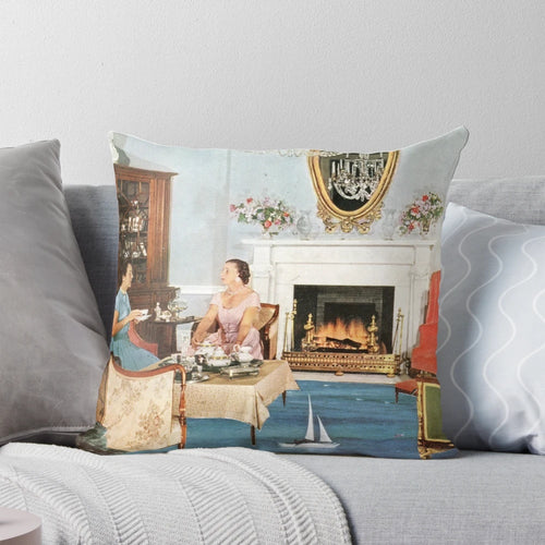 Afternoon tea-themed pillow with a retro, mid-century design perfect for coastal living and beach house decor.
