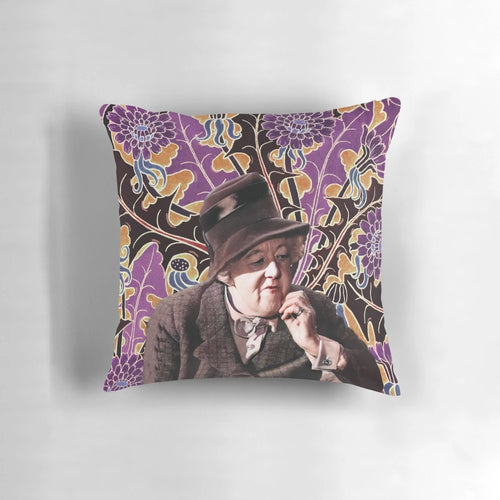 A plush pillow featuring a portrait of Agatha Christie's iconic detective, Miss Marple, from the classic crime fiction novels and films.