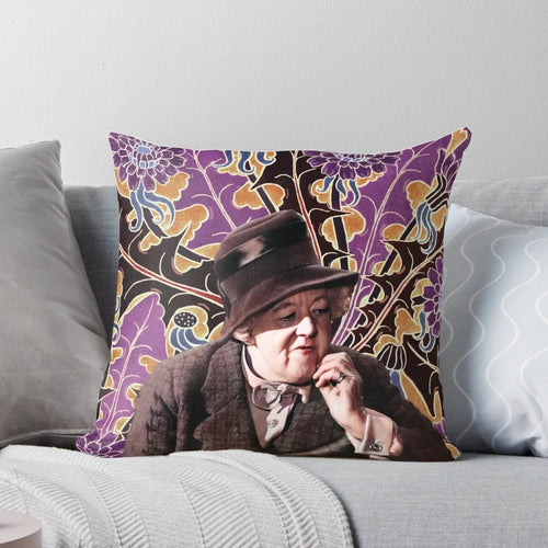 A plush pillow featuring a portrait of Agatha Christie's iconic detective, Miss Marple, from the classic crime fiction novels and films.