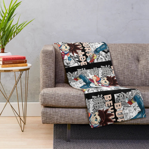 Aiger Akabane inspired Beyblade Burst plush blanket with vintage character design