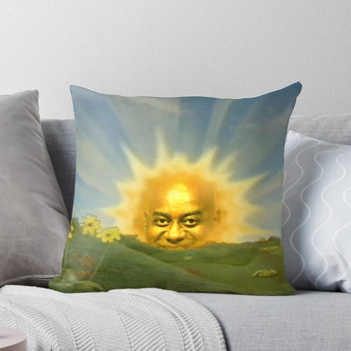Ainsley Harriott's face photoshopped onto a sun-shaped pillow, featuring a funny, spicy expression.