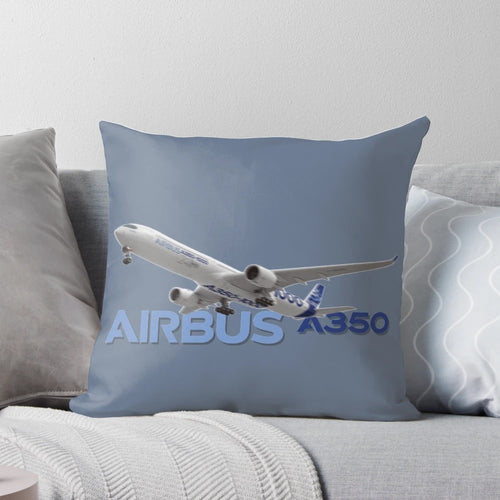 Soft and comfortable pillow featuring an illustration of the Airbus A350-1000 commercial jet aircraft in flight.