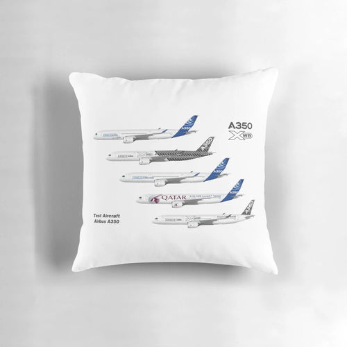 Detailed line drawing illustration of the Airbus A350 XWB test aircraft against a sky background