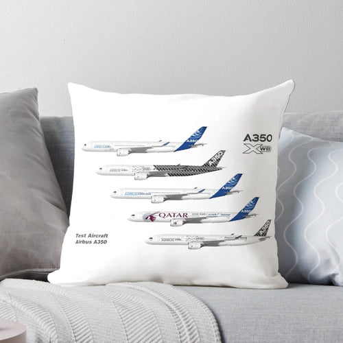 Detailed line drawing illustration of the Airbus A350 XWB test aircraft against a sky background