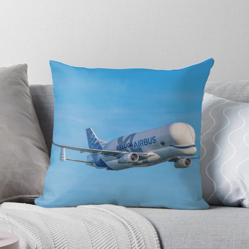 Airbus Beluga XL inspired decorative pillow in blue and white color scheme