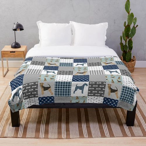 Airedale patchwork design plush blanket with cute dog motif