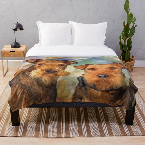 Airedale terrier dog portrait mixed media art plush blanket