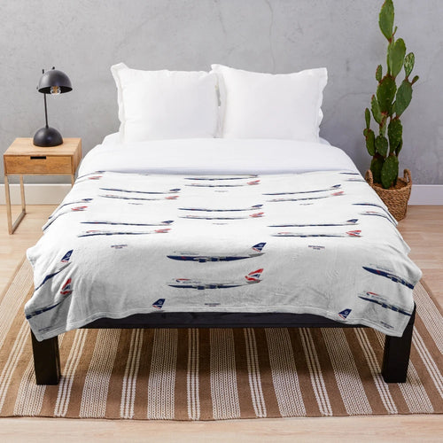 747 plush blanket featuring British aircraft design for aviation enthusiasts