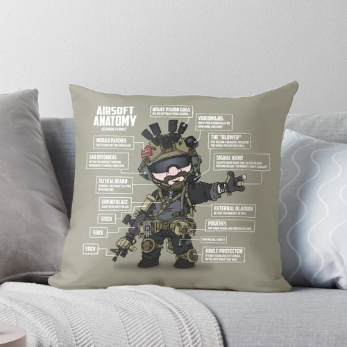 Airsoft Anatomy Pillow featuring military-inspired design and graphics