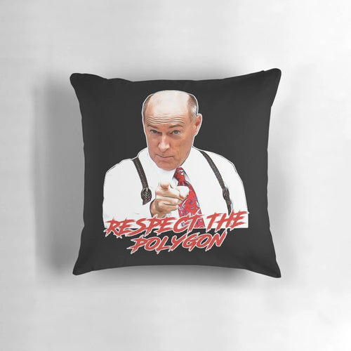 Colorful polygon-patterned pillow featuring "Respect the Polygon" design