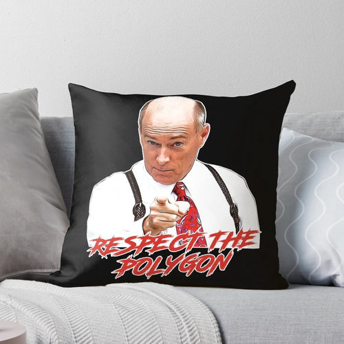 Colorful polygon-patterned pillow featuring "Respect the Polygon" design