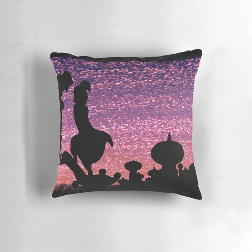 Vibrant Aladdin and Jasmine printed pillow with a balcony scene