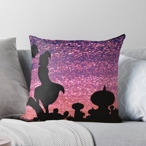 Vibrant Aladdin and Jasmine printed pillow with a balcony scene
