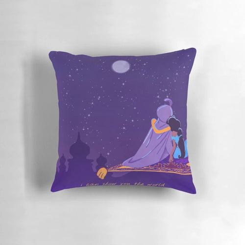 Aladdin-themed pillow with characters Aladdin and Jasmine on a magic carpet