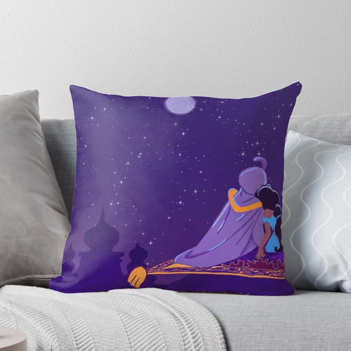 Aladdin-themed pillow with characters Aladdin and Jasmine on a magic carpet