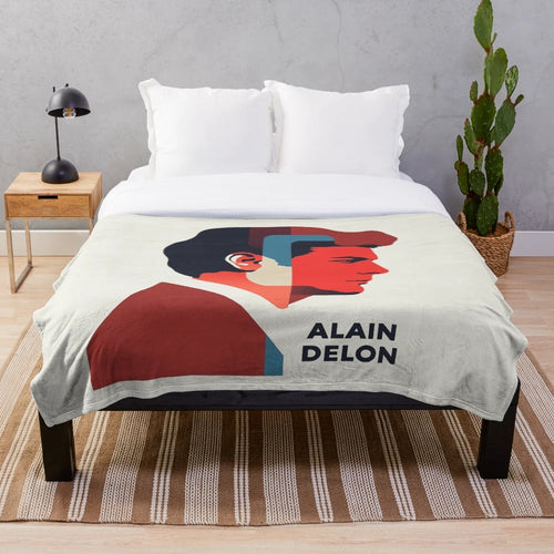 Alain Delon inspired plush blanket featuring a modern geometric portrait with bold color blocks