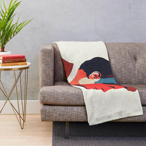 Alain Delon inspired plush blanket featuring a modern geometric portrait with bold color blocks