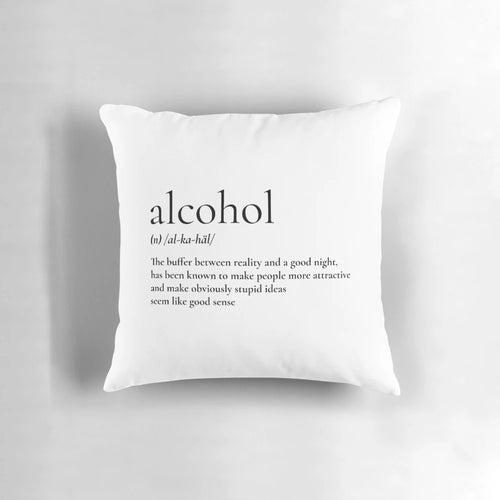 An alcohol-themed pillow with a playful, word-based design