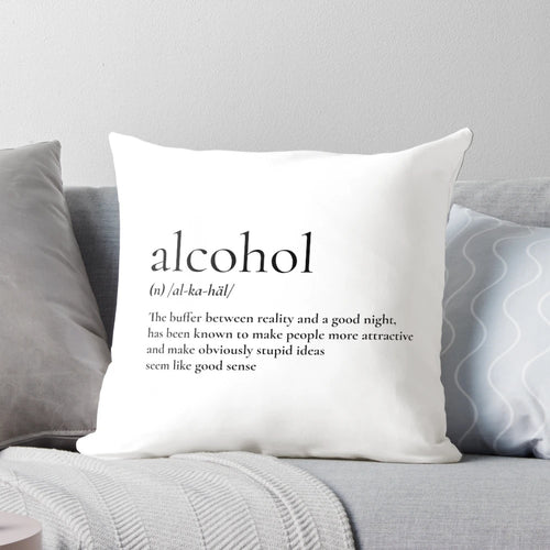 An alcohol-themed pillow with a playful, word-based design