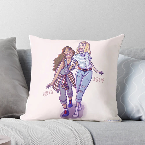 Alexa and Katie best friends pillow featuring a comic art design of the two girls in a supportive friendship.