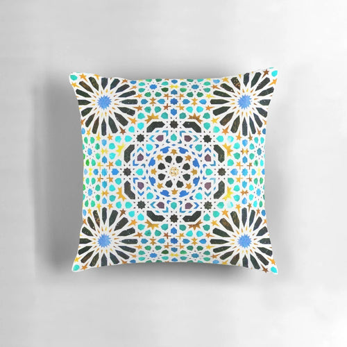 Alhambra-inspired geometric mosaic pattern on a decorative pillow