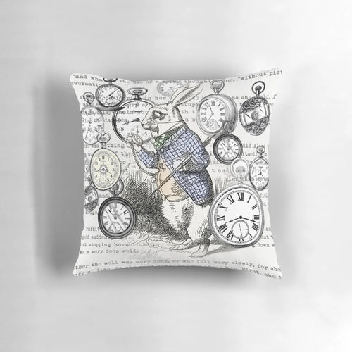 White rabbit-themed decorative pillow with vintage-style clock and "Alice in Wonderland" design