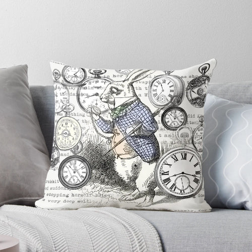 White rabbit-themed decorative pillow with vintage-style clock and "Alice in Wonderland" design