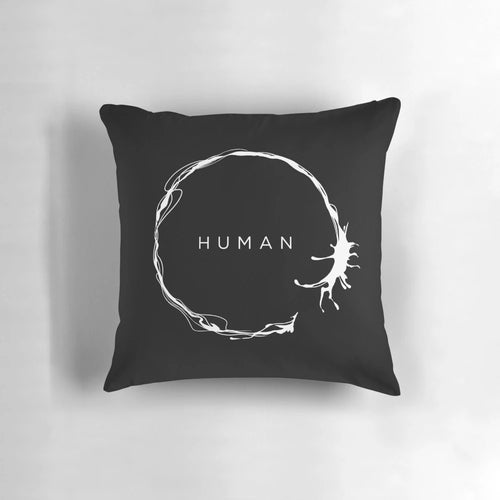 Monochrome abstract design pillow with alien-inspired heptapod shapes and patterns
