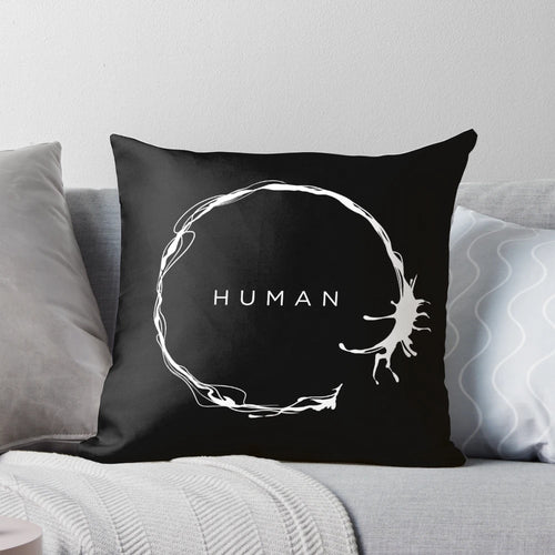 Monochrome abstract design pillow with alien-inspired heptapod shapes and patterns