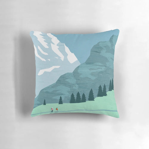 Allgäu Alps travel poster pillow featuring a scenic landscape of the Allgäu mountains and forests.