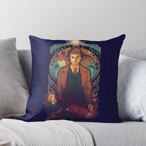 Allons-y Doctor Who inspired geeky sci-fi pillow with space and fantastic designs