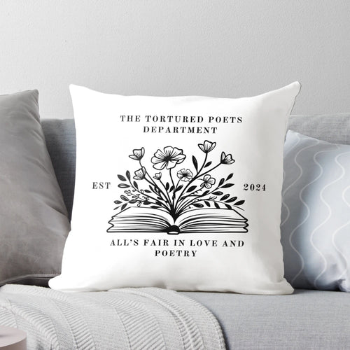 Pillow featuring the text "Alls Fair in Love and Poetry" for poetry lovers and tortured poets.