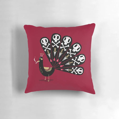 Dark Peacock Feather Throw Pillow with Gothic Skull and Blood Accents