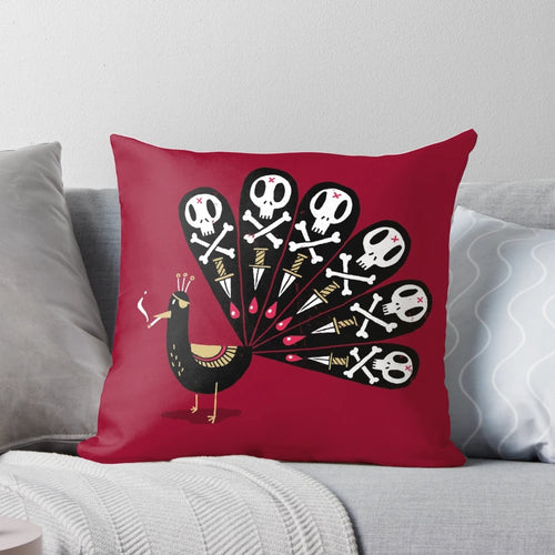 Dark Peacock Feather Throw Pillow with Gothic Skull and Blood Accents