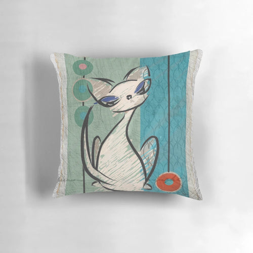 Vibrant pop art-inspired pillow featuring a whimsical cat design in a mid-century modern style.