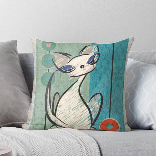 Vibrant pop art-inspired pillow featuring a whimsical cat design in a mid-century modern style.